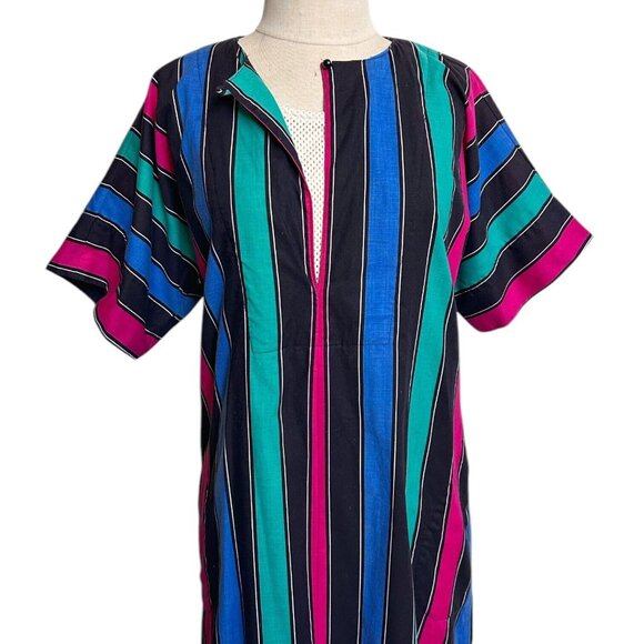 70s 80s vintage striped hippy dress caftan coverup cotton relaxed loose belt. - Picture 3 of 10